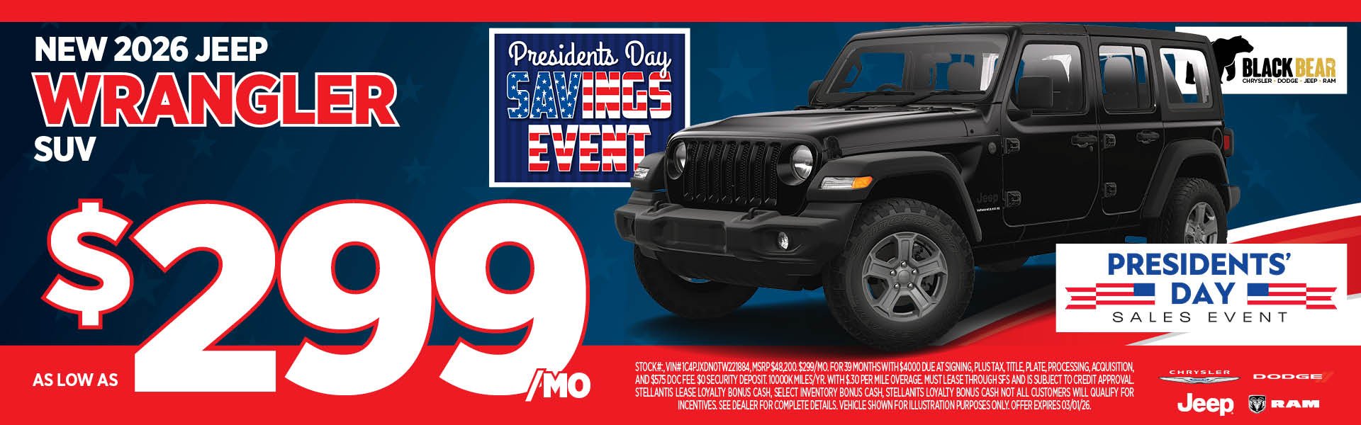 New 2026 Jeep Wrangler Lease as low as $299/mo.