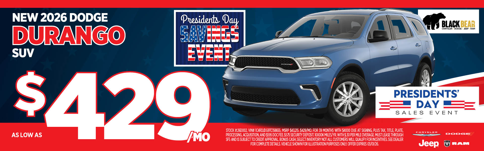 New 2026 Dodge Durango Lease as low as $429/mo.